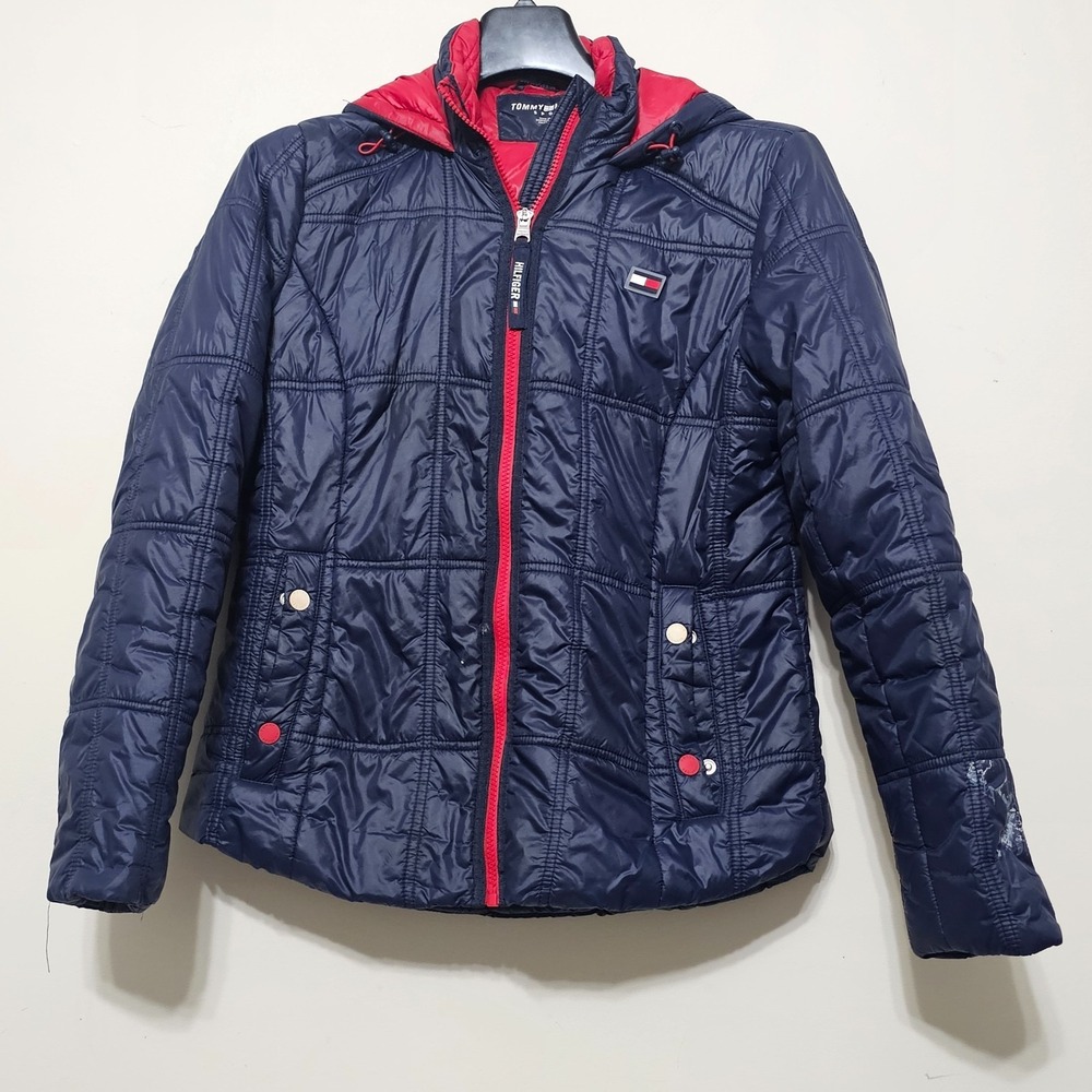 Tommy Hilfiger Sport Women's Medium Dark Blue Puffer Pockets‎ Hooded Jacket 0547